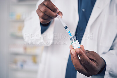 Hands, doctor and vaccine, injection and container with medicine, healthcare and safety from virus zoom. Person in pharmacy with drugs, liquid and syringe with glass vial, pharmaceutical and health