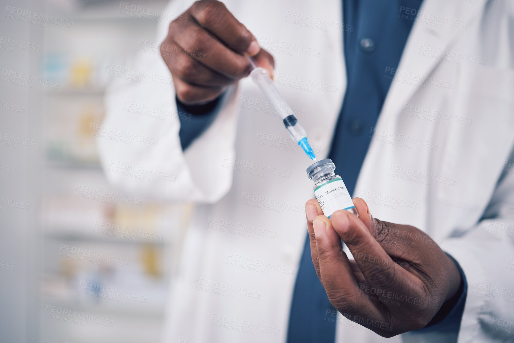 Buy stock photo Hands, doctor and vaccine, injection and container with medicine, healthcare and safety from virus zoom. Person in pharmacy with drugs, liquid and syringe with glass vial, pharmaceutical and health