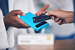 Pharmacist, hands and credit card on pos for payment, medication or buying healthcare product at pharmacy. Closeup of customer making purchase or transaction for pharmaceutical drugs or pills at shop