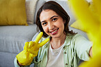 Woman, selfie and peace for cleaning home, portrait or smile in gloves, social media or sign language. Happy influencer girl, photography and profile picture with emoji to stop bacteria in apartment