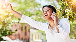 Phone call, wave and cab with black woman in city for travel, communication and transportation. Taxi, lens flare and contact with person and mobile for hailing taxi service in outdoors for commute