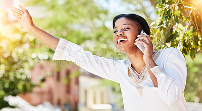 Buy stock photo Phone call, wave and cab with black woman in city for travel, communication and transportation. Taxi, lens flare and contact with person and mobile for hailing taxi service in outdoors for commute