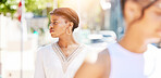 Flare, thinking and a business black woman walking in the city on her morning commute for corporate work. Street, idea and vision with a young professional female employee in an urban town for travel