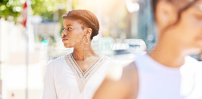 Buy stock photo Flare, thinking and a business black woman walking in the city on her morning commute for corporate work. Street, idea and vision with a young professional female employee in an urban town for travel