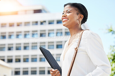 Buy stock photo Happy, smile and businesswoman walking in the city with a digital tablet to her office building. Confidence, happiness and African female lawyer with technology commuting to work in an urban town.