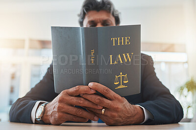 Buy stock photo Lawyer, attorney hands and reading book for legal information, knowledge and business research, compliance or rules. Textbook, judge and professional person, professor or senior man study for justice