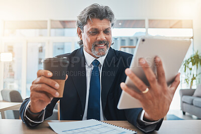 Buy stock photo Business man, tablet and work from home coffee for financial planning, stock market research and accountant energy. Productivity, drink and accountant or senior person trading on digital technology