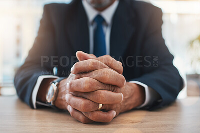 Buy stock photo Hands, authority and lawyer man waiting while sitting at a table in court during a case or trial closeup. Justice, law and legal with a male advocate in a courtroom for representation or legislation