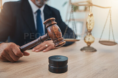 Buy stock photo Scale, judge and gavel with hands of man in office for lawyer, justice and legal hearing. Attorney hammer, advocate and crime with closeup of person law firm for courtroom, equality and jury decision