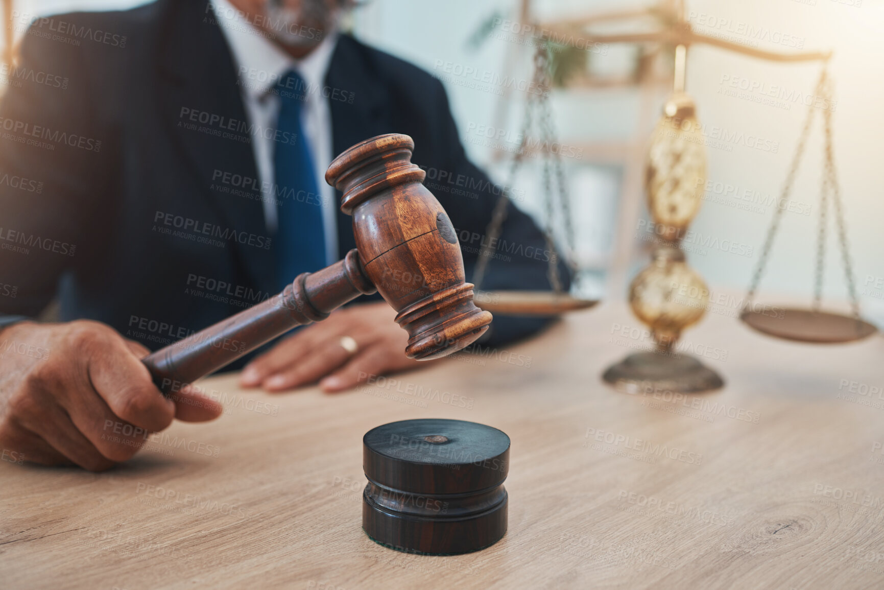 Buy stock photo Scale, judge and gavel with hands of man in office for lawyer, justice and legal hearing. Attorney hammer, advocate and crime with closeup of person law firm for courtroom, equality and jury decision