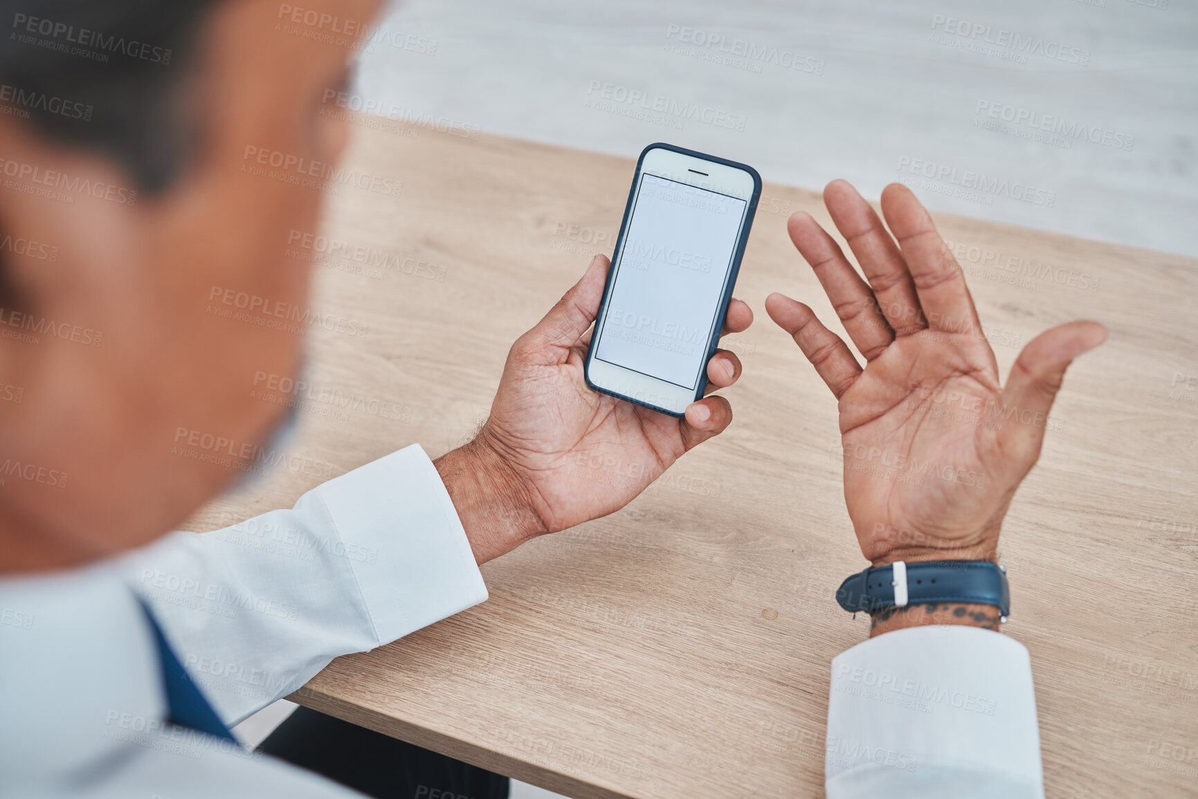 Buy stock photo Phone, screen and man hands for mockup information, online business question or search website faq or social media. Mobile app, ux design space and professional person why while reading news or email
