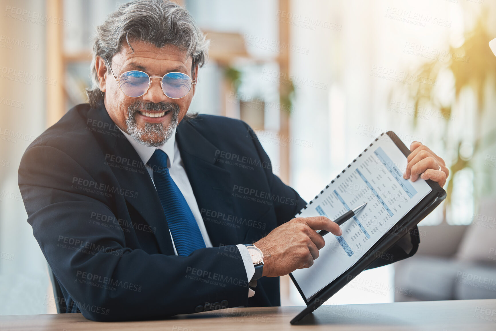 Buy stock photo Document, accounting and business man in office portrait for consultation, budget advice or asset management. POV meeting of financial advisor, accountant or professional senior man for paper invoice