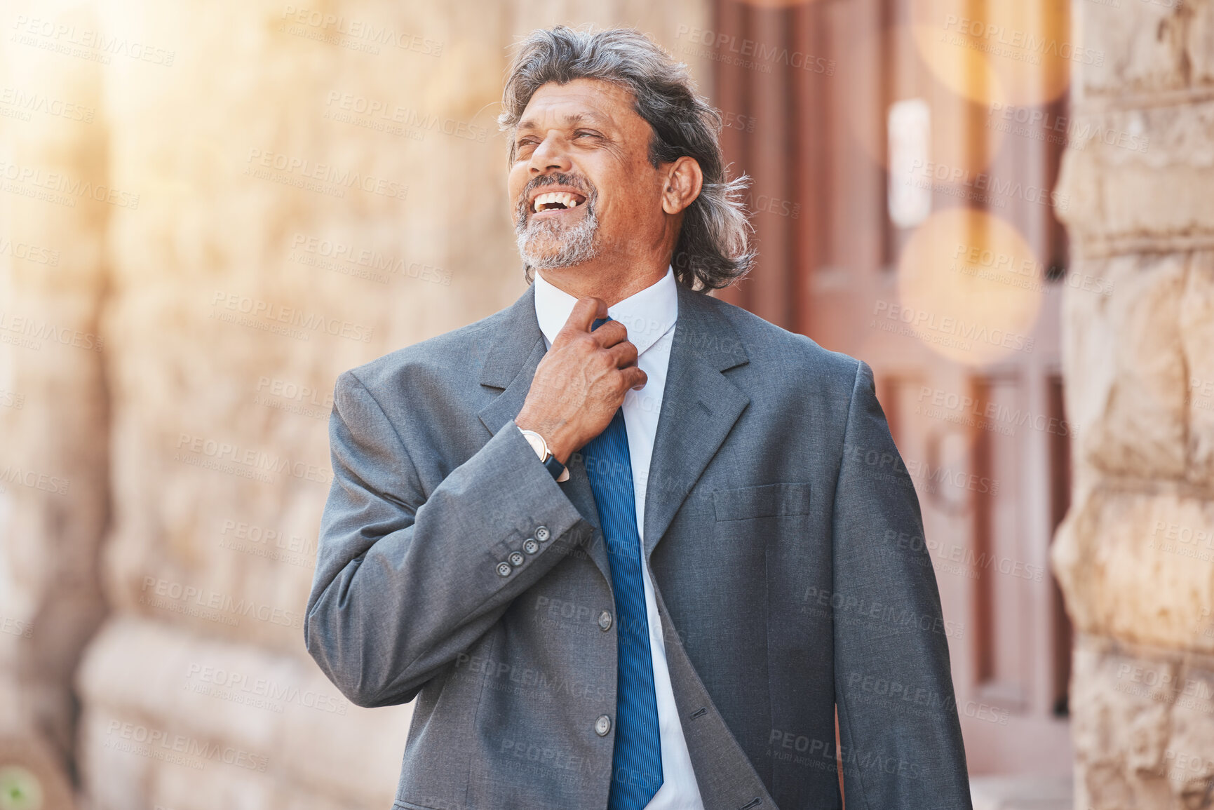 Buy stock photo Happy senior businessman, thinking and city with career ambition, dream or mission outdoors. Excited mature male person in formal business suit, travel or happiness ready for the day in an urban town