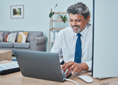 Buy stock photo Business man, laptop and work from home, online or finance management and typing report in living room. Computer, research and happy professional person, executive or entrepreneur in financial career