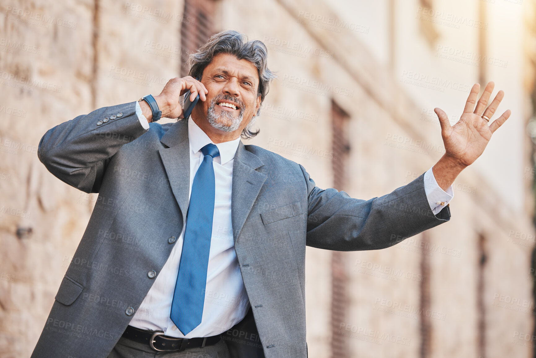 Buy stock photo Happy senior businessman, phone call and taxi in city for travel, trip or immigration outdoors. Man waiting for cab, vehicle or transportation talking on mobile smartphone for journey in urban town