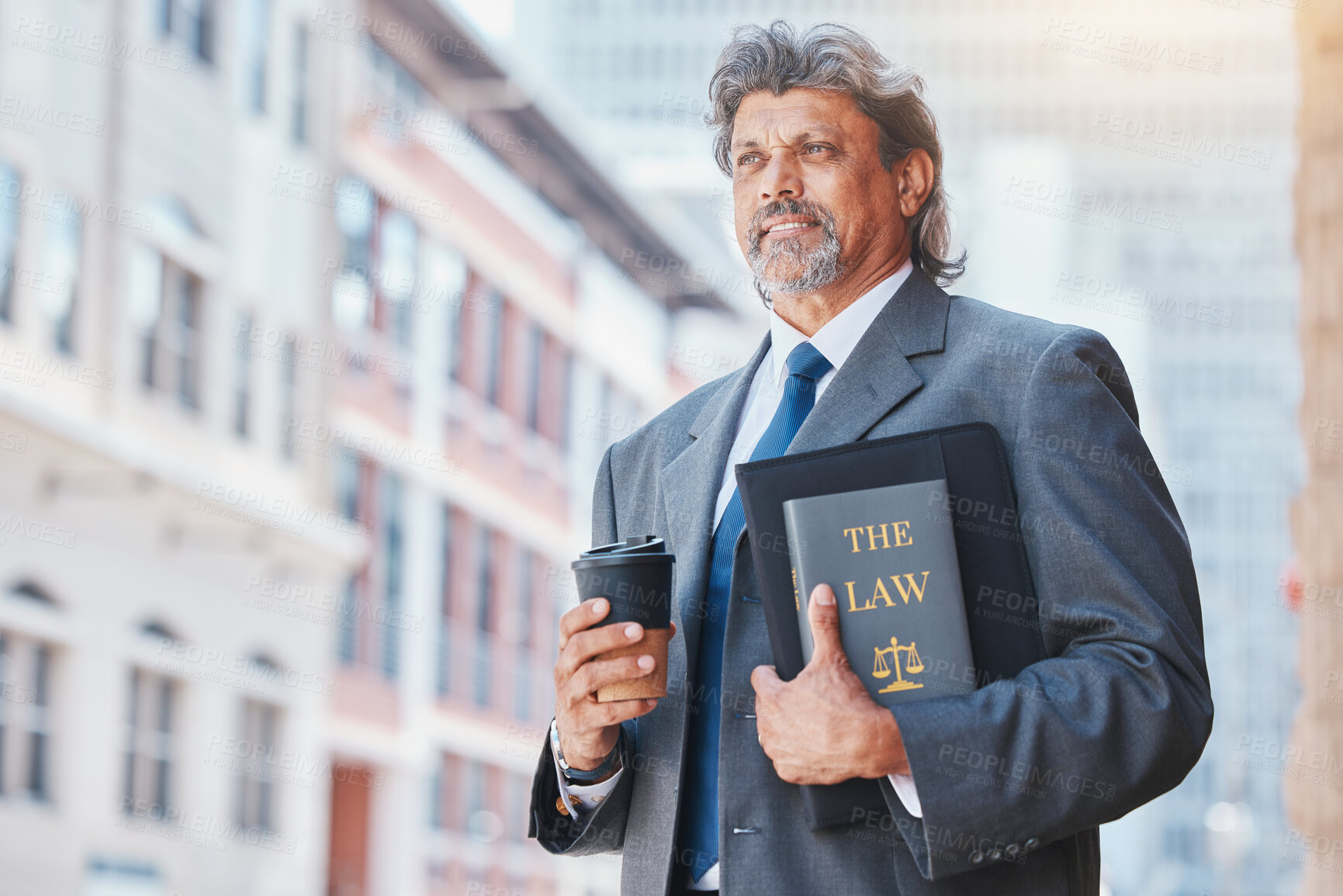 Buy stock photo Lawyer, man with a book and thinking in the city with idea on law, policy or research with legal books and knowledge of rules. Attorney, judge or man with advice in court or working in justice