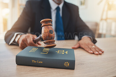 Buy stock photo Book, judge and gavel with hands of man in office for lawyer, justice and legal hearing. Attorney, advocate and crime with closeup of person law firm for courtroom, knowledge and jury guide