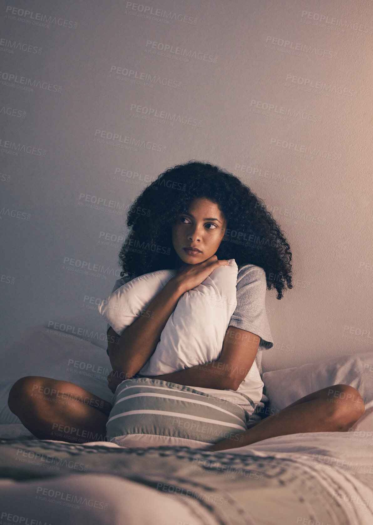 Buy stock photo Sad, woman and night with depression and pillow hug at home with anxiety. House, female person and thinking about mental health problem and mistake on bed with stress feeling lonely with mockup space