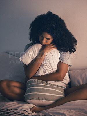 Buy stock photo Sad, woman and bedroom with depression and pillow hug at home with anxiety. House, female person and thinking of mental health, or insomnia in bed with stress and frustrated feeling lonely from fail