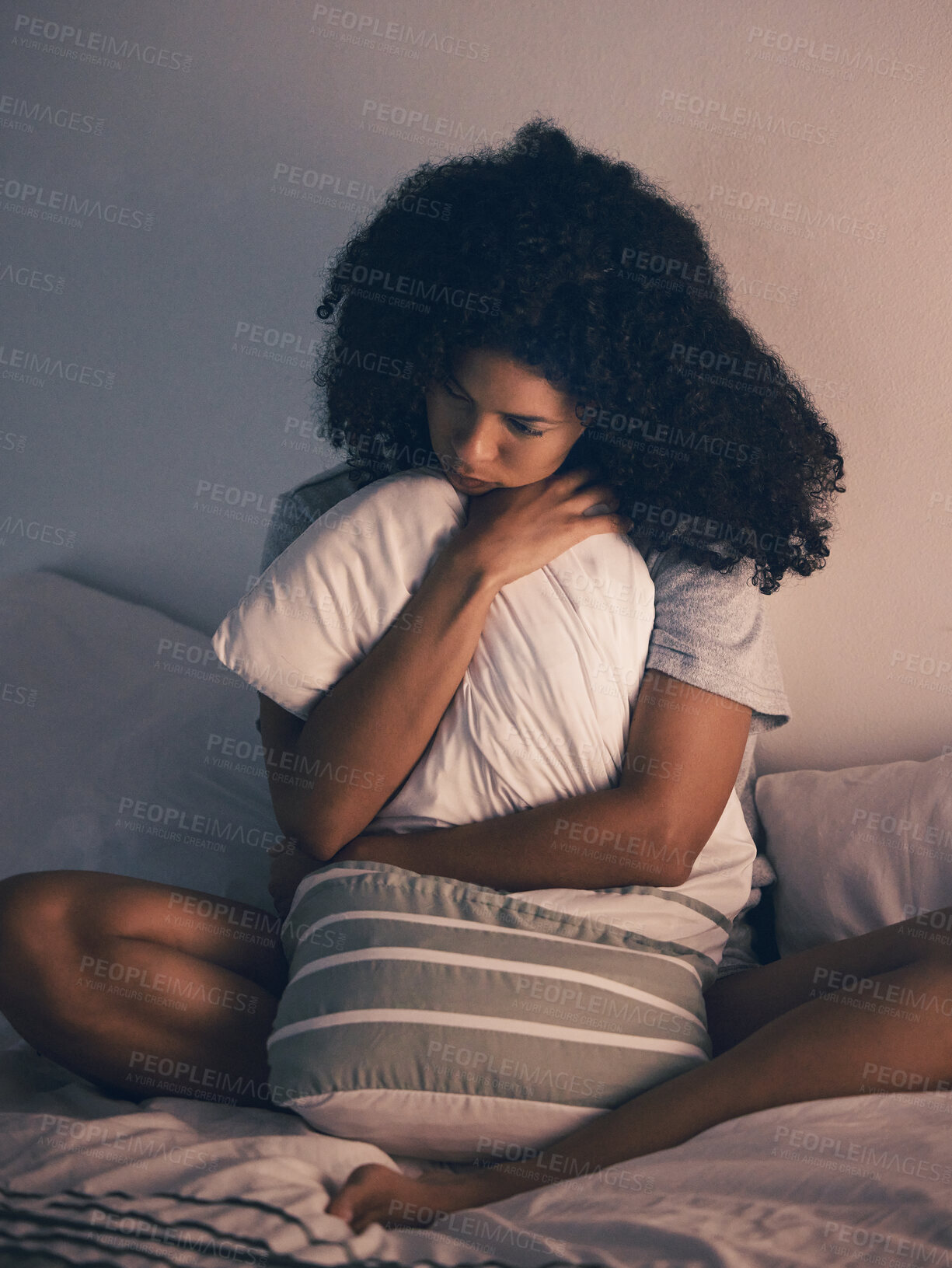 Buy stock photo Sad, woman and bedroom with depression and pillow hug at home with anxiety. House, female person and thinking of mental health, or insomnia in bed with stress and frustrated feeling lonely from fail