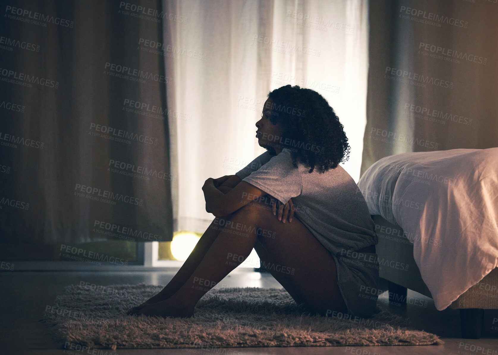 Buy stock photo Sad, thinking and night with woman in bedroom for stress, insomnia and tired. Mental health, depression and fatigue with female person feeling lonely at home for anxiety, frustrated and fear problem