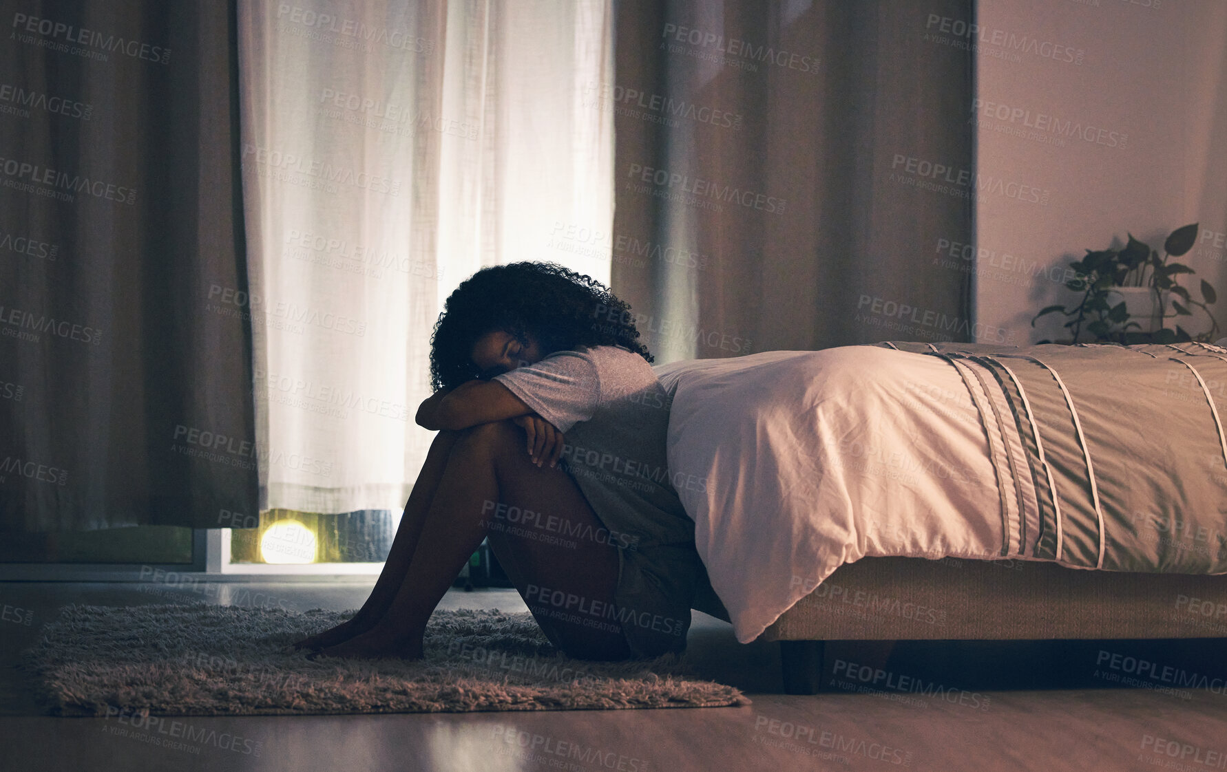 Buy stock photo Sad, insomnia and night with woman in bedroom for stress, thinking and tired. Mental health, depression and fatigue with female person feeling lonely at home for anxiety, frustrated and fear problem