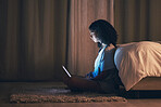 Laptop, bedroom and woman on internet at night for website, online social media and relax in home. Bed, computer and person streaming movie, film and video on pc technology with insomnia in house.