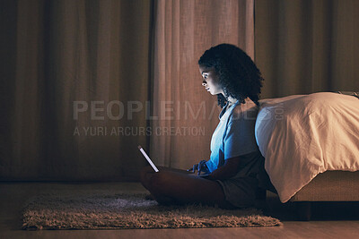 Buy stock photo Laptop, bedroom and woman on internet at night for website, online social media and relax in home. Bed, computer and person streaming movie, film and video on pc technology with insomnia in house.