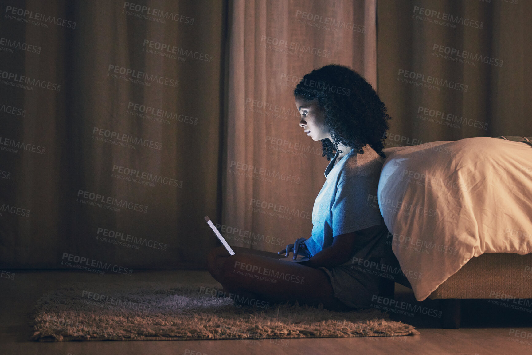 Buy stock photo Laptop, bedroom and woman on internet at night for website, online social media and relax in home. Bed, computer and person streaming movie, film and video on pc technology with insomnia in house.