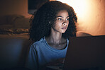 Laptop, bedroom and woman on internet at night for website, online social media or remote work in home. Bed, computer or serious African person streaming movie, film or video on pc tech with insomnia