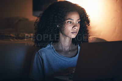 Buy stock photo Laptop, bedroom and woman on internet at night for website, online social media or remote work in home. Bed, computer or serious African person streaming movie, film or video on pc tech with insomnia