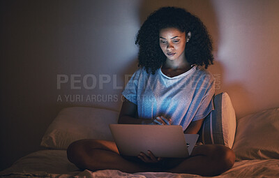 Buy stock photo Bed, night and woman with a laptop, insomnia and connection with network, streaming movies and relax. Female person, bedroom and girl with a pc, internet  film and awake with blue light or evening