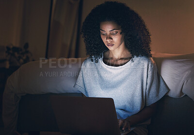 Buy stock photo Laptop, sofa and woman typing at night for website, online social media and internet in home. Living room, computer and remote work, freelance and person writing on technology with insomnia in house.