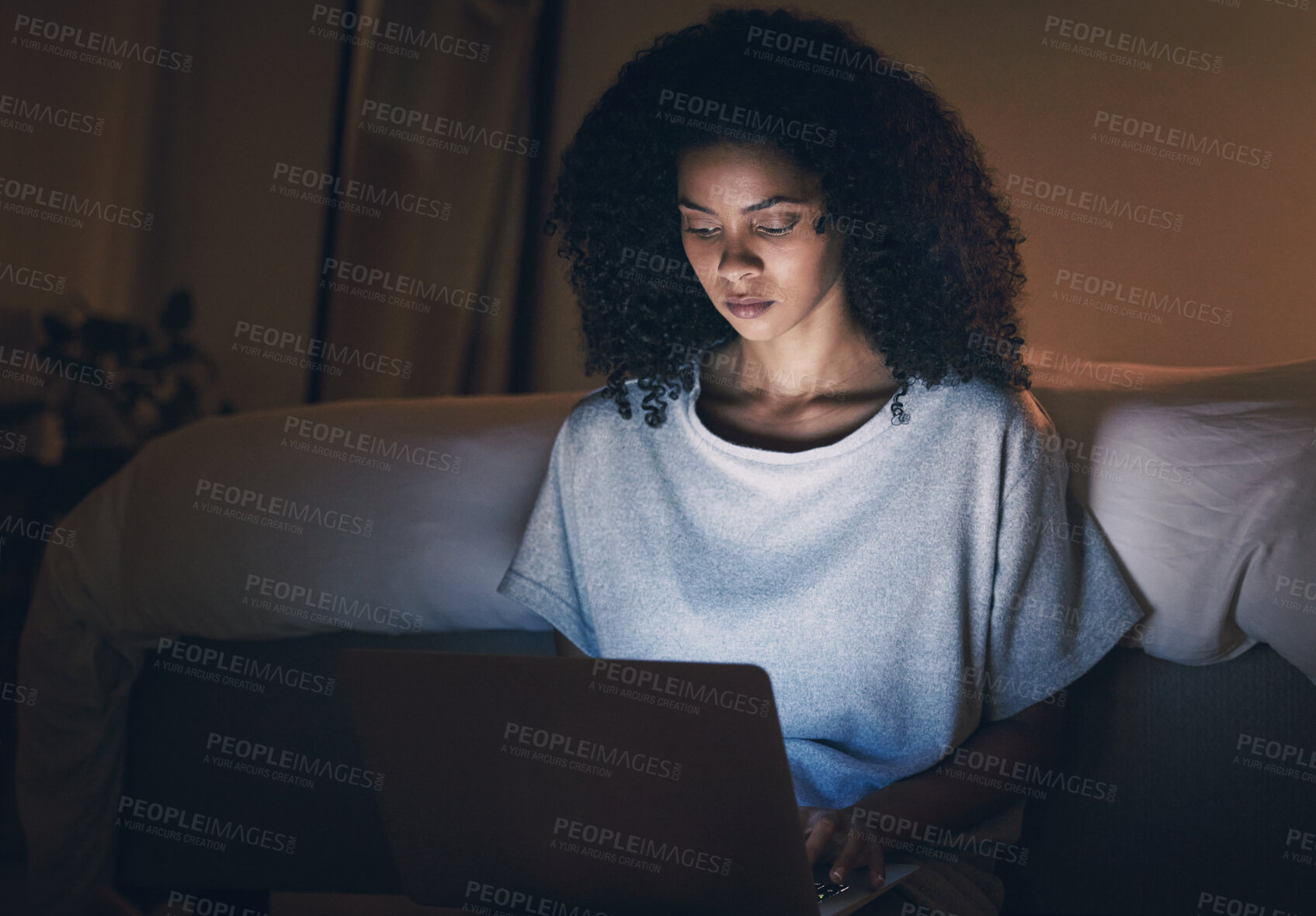 Buy stock photo Laptop, sofa and woman typing at night for website, online social media and internet in home. Living room, computer and remote work, freelance and person writing on technology with insomnia in house.