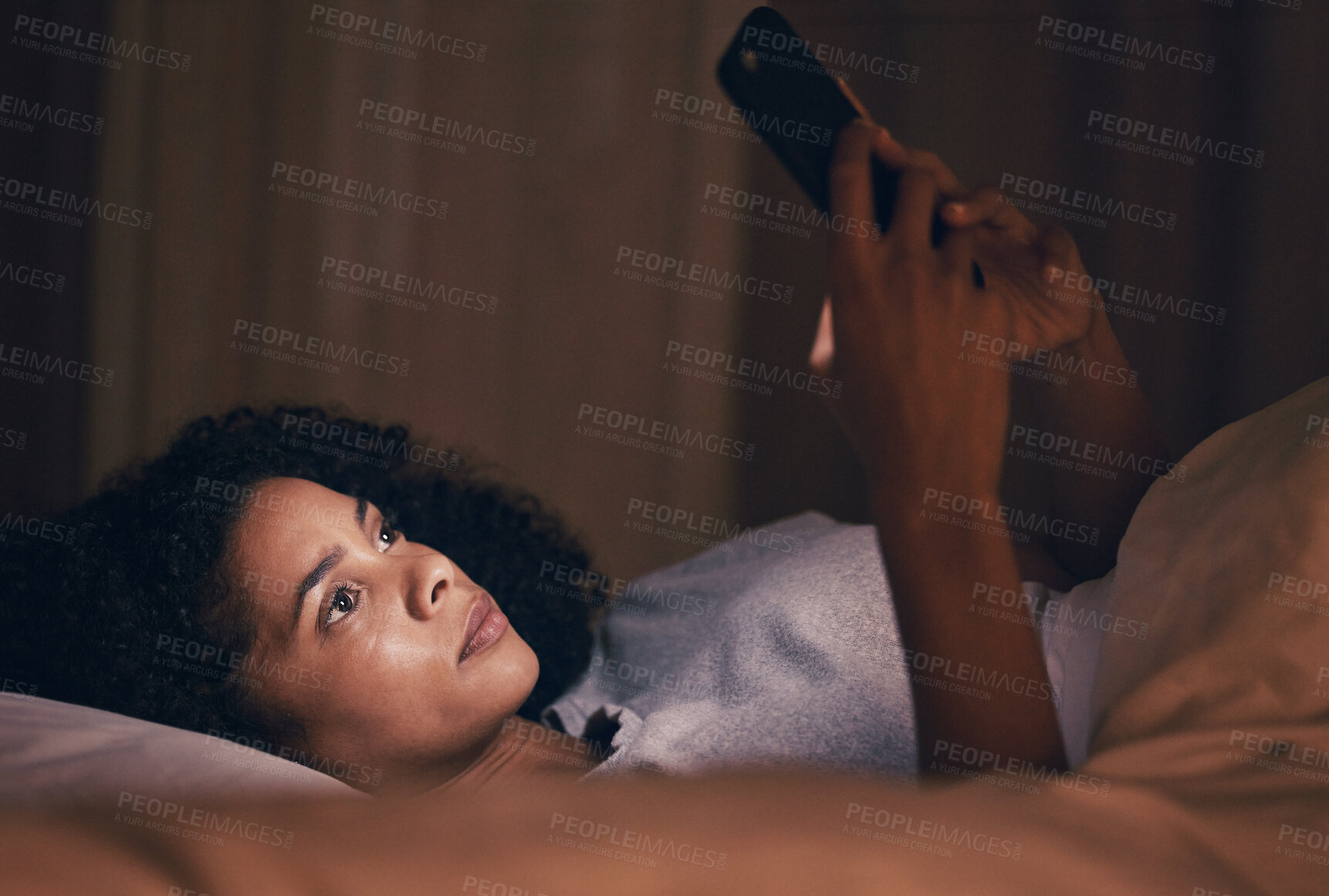 Buy stock photo Search, night and phone with woman in bedroom for social media app, insomnia and networking. Communication, contact and internet with female person in bed at home for mobile, online and technology