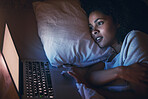 Laptop, bed and woman on internet at night for website, online social media and relax in home. Bedroom, computer and person streaming movie, film and video on pc technology with insomnia in house.