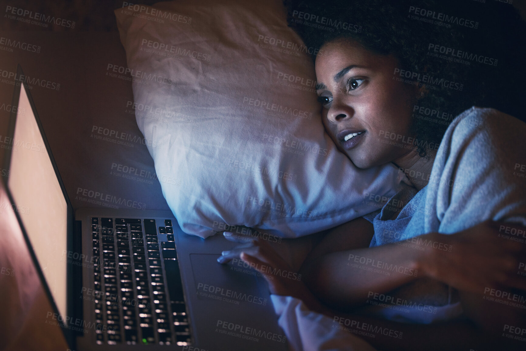 Buy stock photo Laptop, bed and woman on internet at night for website, online social media and relax in home. Bedroom, computer and person streaming movie, film and video on pc technology with insomnia in house.