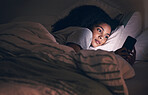 Streaming, night and phone with woman in bedroom for social media app, insomnia and networking. Communication, contact and internet with female person in bed at home for mobile, online and technology