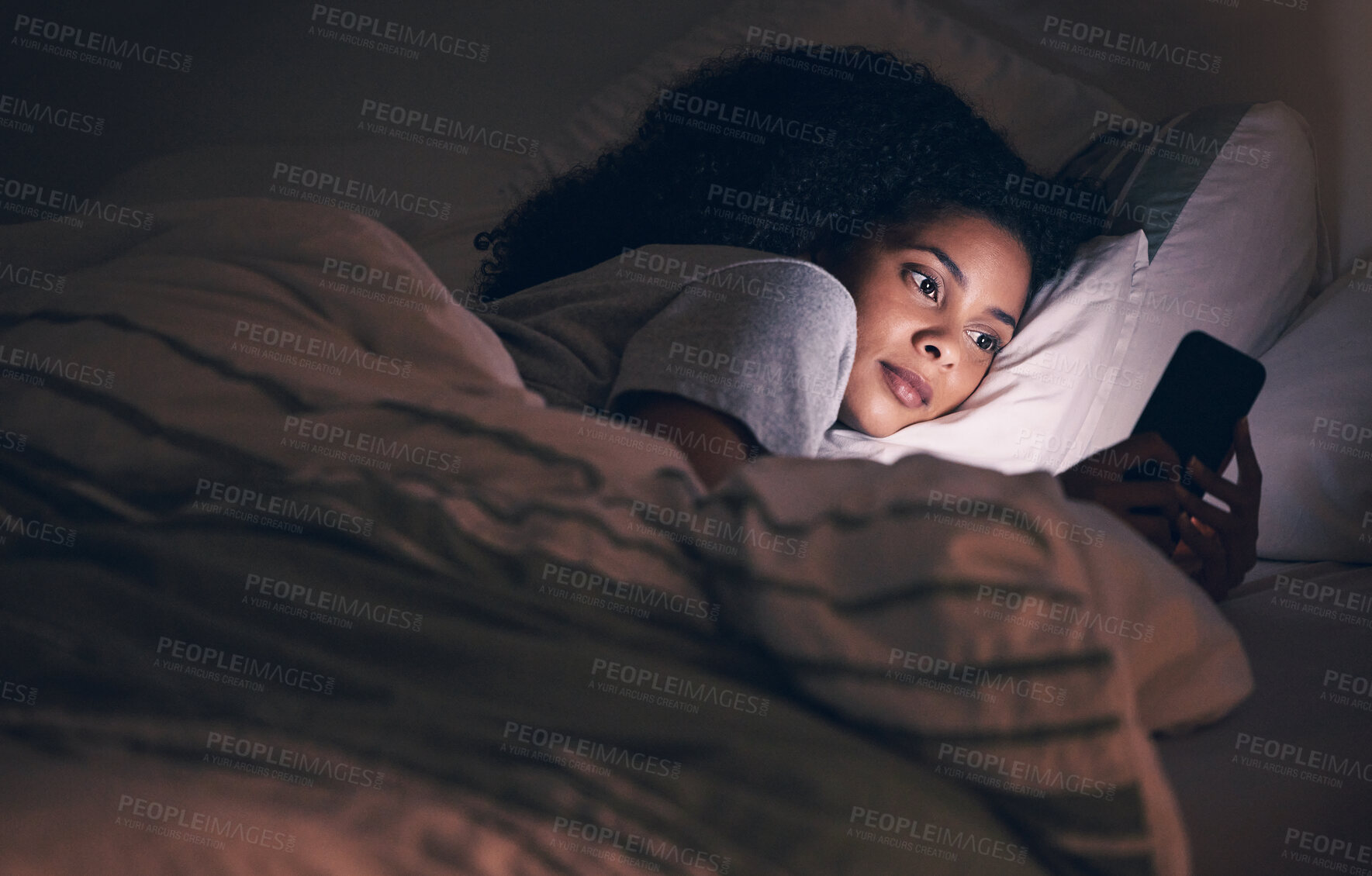 Buy stock photo Streaming, night and phone with woman in bedroom for social media app, insomnia and networking. Communication, contact and internet with female person in bed at home for mobile, online and technology