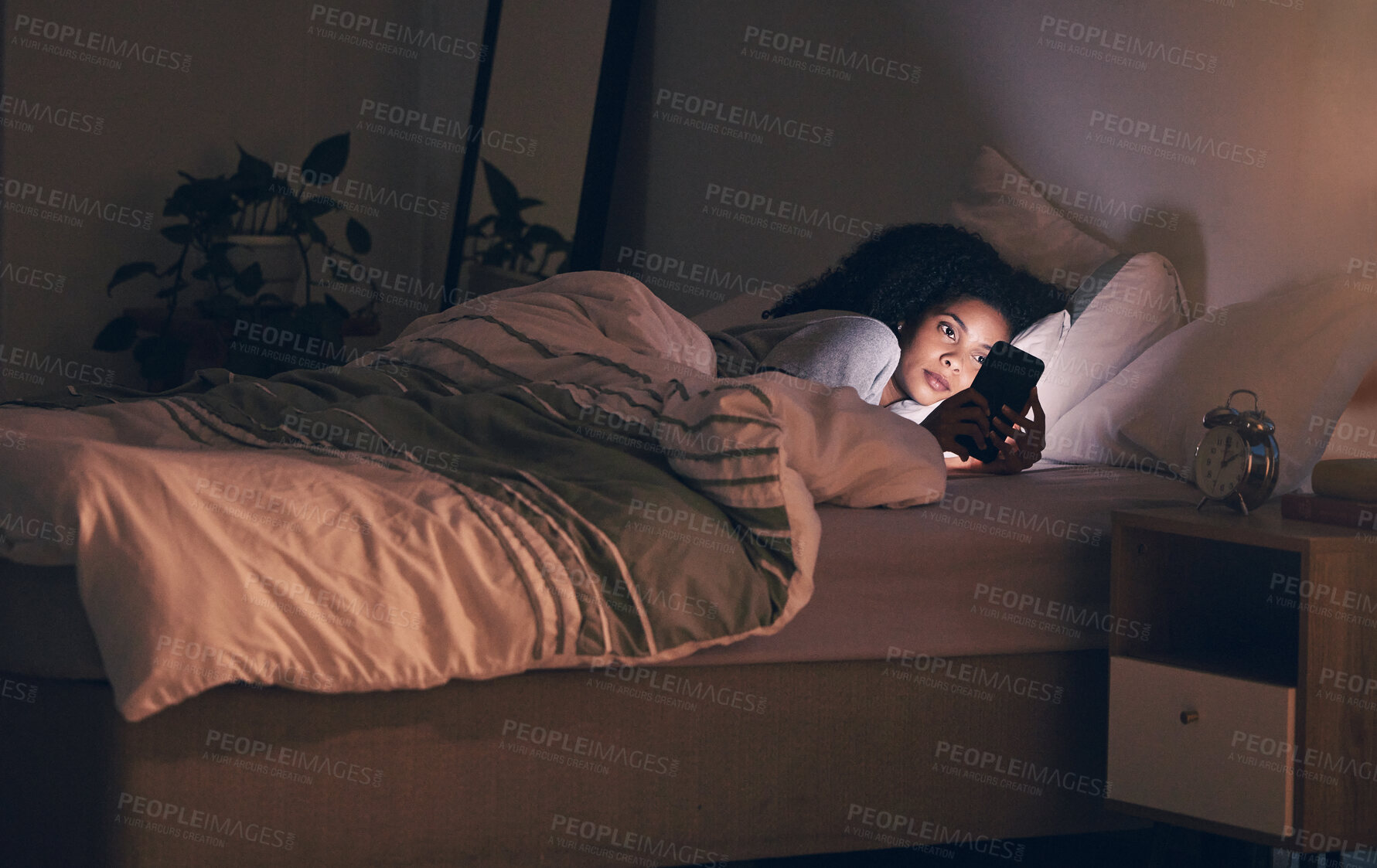 Buy stock photo Contact, night and phone with woman in bedroom for social media app, insomnia and networking. Communication, search and internet with female person in bed at home for mobile, online and technology