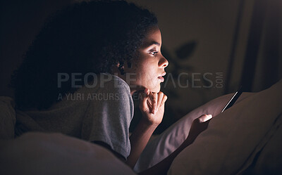 Buy stock photo Woman, cellphone and bed in night, reading or texting for chat, blog or social media post in apartment. Girl, smartphone and thinking in dark bedroom for online search, games or video on web in house