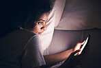 Insomnia, night and phone with woman in bedroom for social media app, streaming and networking. Communication, contact and internet with female person in bed at home for mobile, online and technology