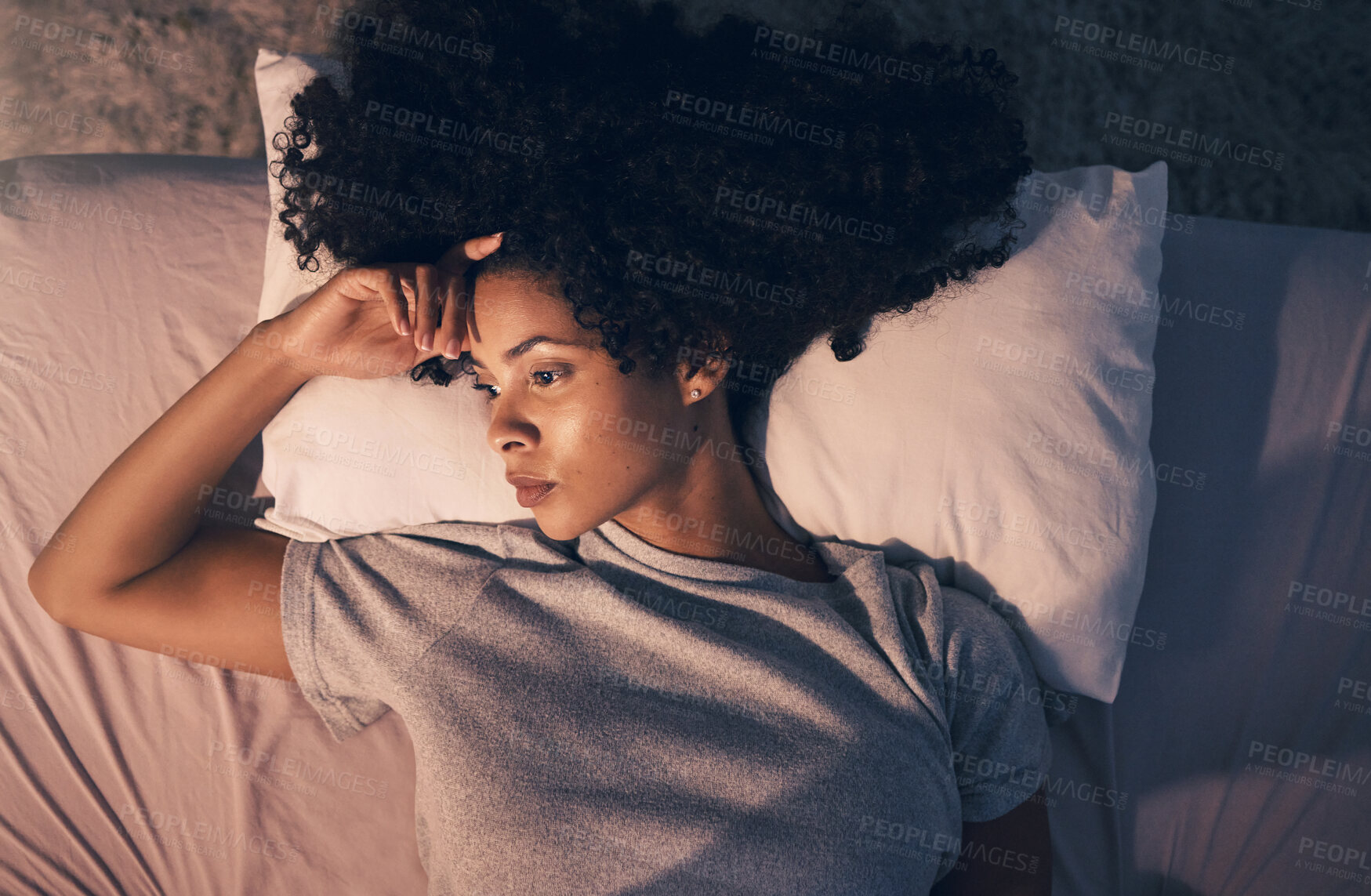 Buy stock photo Sad, insomnia and thinking with woman in bedroom for stress, night and tired from above. Mental health, depression and fatigue with person in bed at home for anxiety, frustrated and fear problem