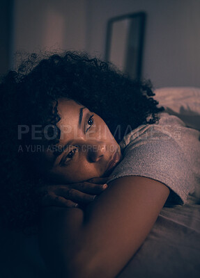 Buy stock photo Depression, insomnia and night with woman in bedroom for stress, thinking and tired. Mental health, sad and fatigue with female person feeling lonely at home for anxiety, frustrated and fear problem