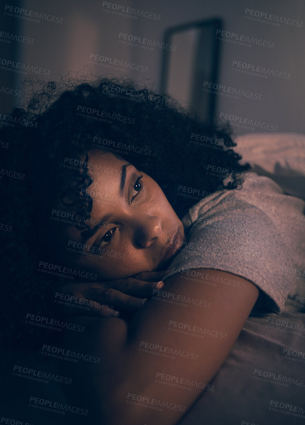 Buy stock photo Depression, insomnia and night with woman in bedroom for stress, thinking and tired. Mental health, sad and fatigue with female person feeling lonely at home for anxiety, frustrated and fear problem