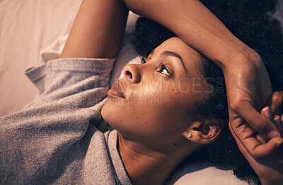 Buy stock photo Tired, insomnia and night with woman in bedroom for stress, thinking and sad. Mental health, depression and fatigue with female person feeling lonely at home for anxiety, frustrated and fear problem