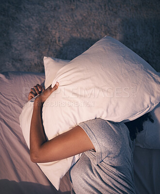 Buy stock photo Sleep, insomnia and woman with pillow on head, tired and frustrated with stress, nightmare or dream in bedroom. Fatigue, sleeping problem and girl in bed with fear, scared at night and crisis in home