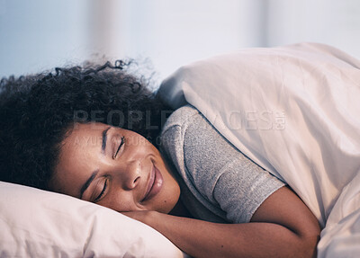 Buy stock photo Sleeping, woman and smile in bed with morning nap at home with rest feeling calm with peace. House, bedroom and tired female person relax and comfortable on a pillow with blanket dreaming on weekend