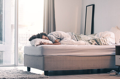 Buy stock photo Sleeping, woman and bed with morning nap and home with rest feeling calm with peace. House, bedroom and tired female person relax and comfortable on a pillow with blanket dreaming over the weekend