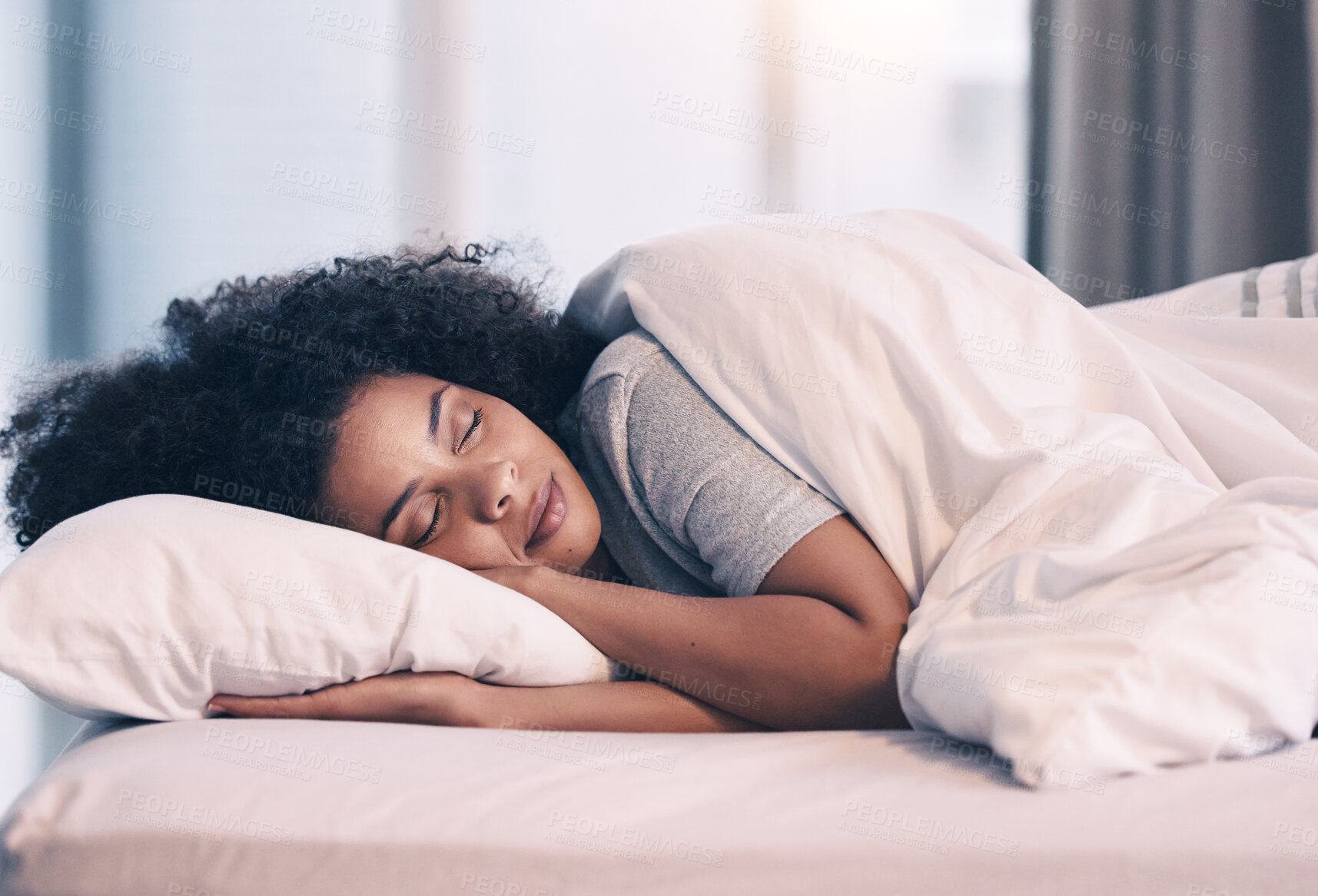 Buy stock photo Sleeping, woman and bed with nap at home in morning with rest feeling calm with peace. House, bedroom and tired female person relax and comfortable on a pillow with blanket dreaming over the weekend